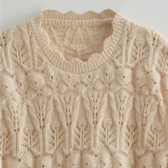 Ava Solid Long Sleeve Crochet Sweater In Beige, brand new without tags - Picture 6 of 10
